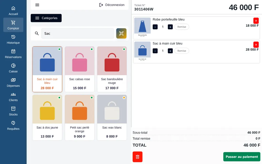Écran de vente d'Alvy Pos : une robe portefeuille bleue et un sac à main dans le panier, total 46 000 F, bouton Passer au paiement